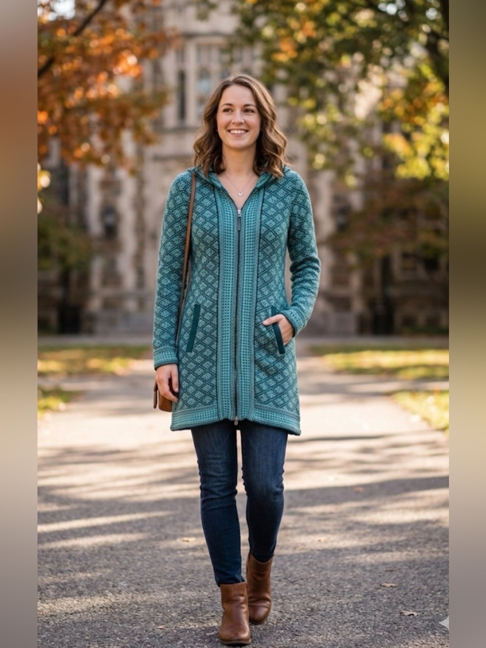 Athleta Wool Blend Fair Isle Nordic Full Zip Hooded Tunic Sweater Teal Small